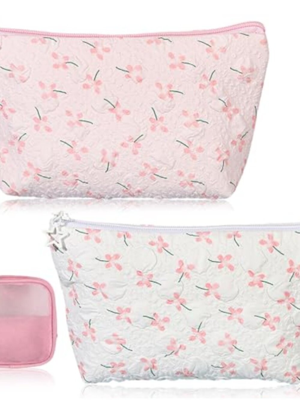 Quilted Pongee Cosmetic Bag Set 3 Pc Toiletry Organizer Travel Purse Storage